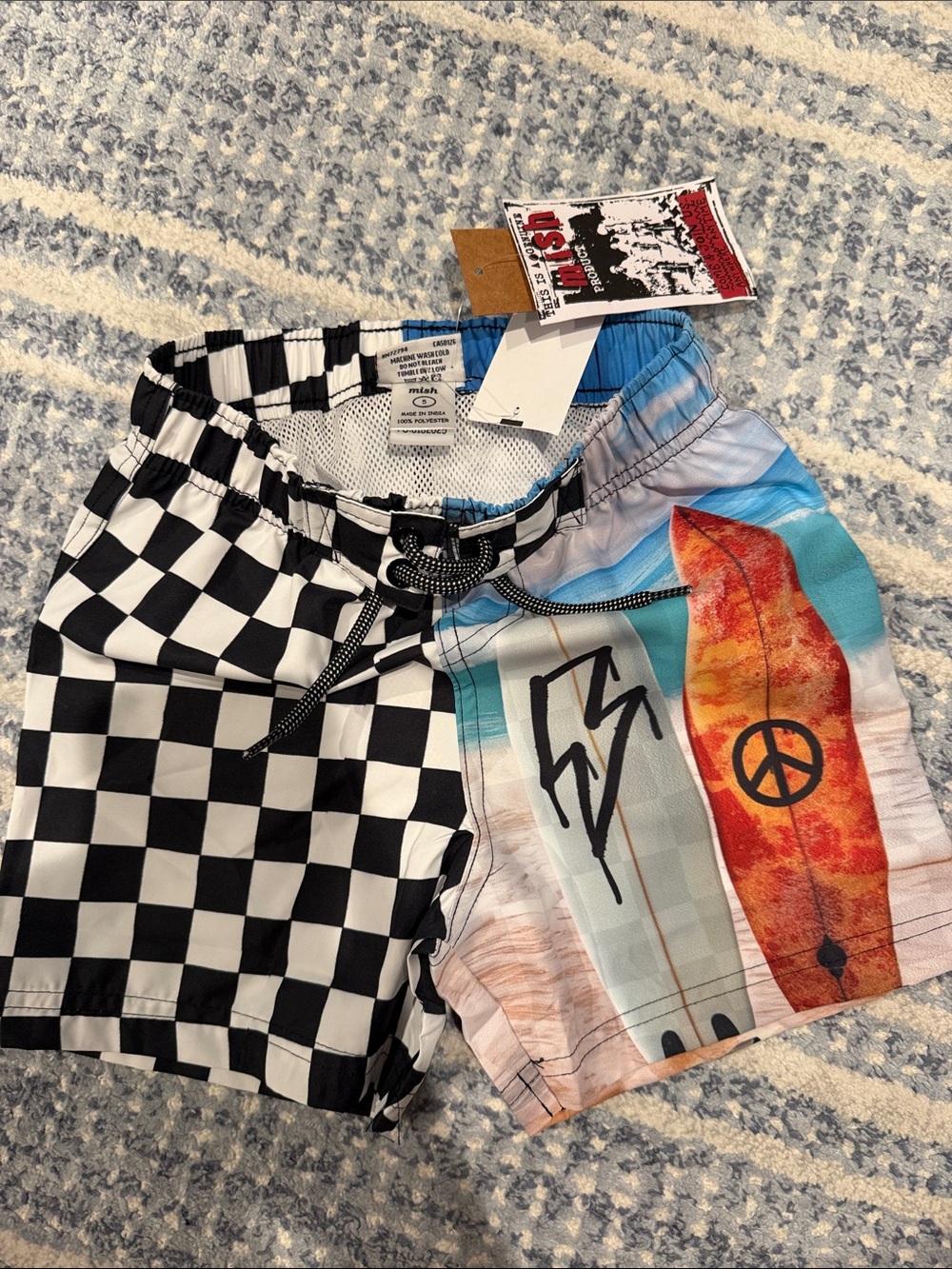 Mish Boys Black & Multi Surfboard Check Swim Trunks